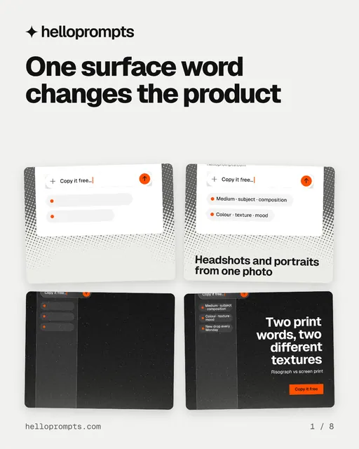 Carousel for HelloPrompts: "One surface word changes the product". Collection carousel, 8 slides, light palette.