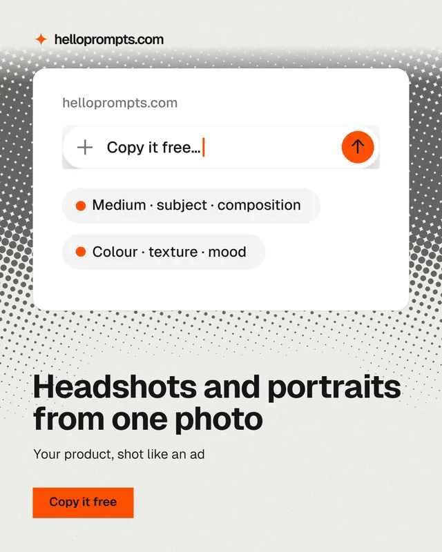 Instagram portrait post for HelloPrompts: "Headshots and portraits from one photo". Swiss style, bottom layout, light palette in white, grey.