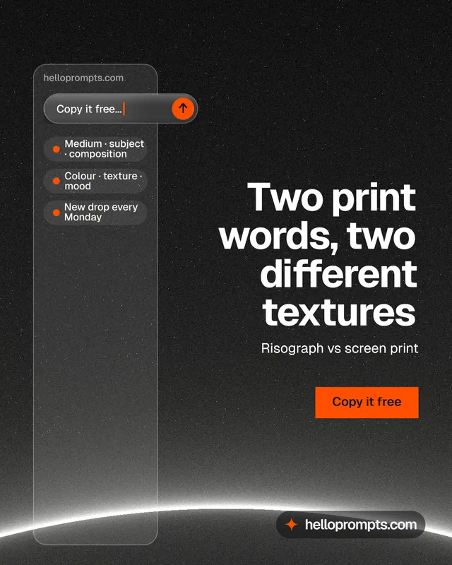 Instagram portrait post for HelloPrompts: "Two print words, two different textures". Swiss style, right layout, dark palette in black, grey.