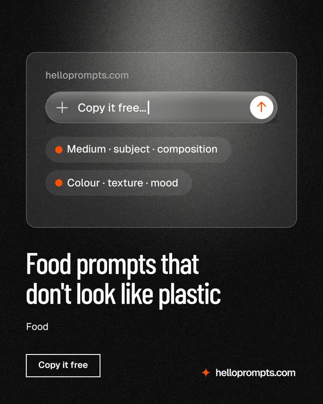 Instagram portrait post for HelloPrompts: "Food prompts that don't look like plastic". Dark deco style, bottom layout, dark palette in black, grey.