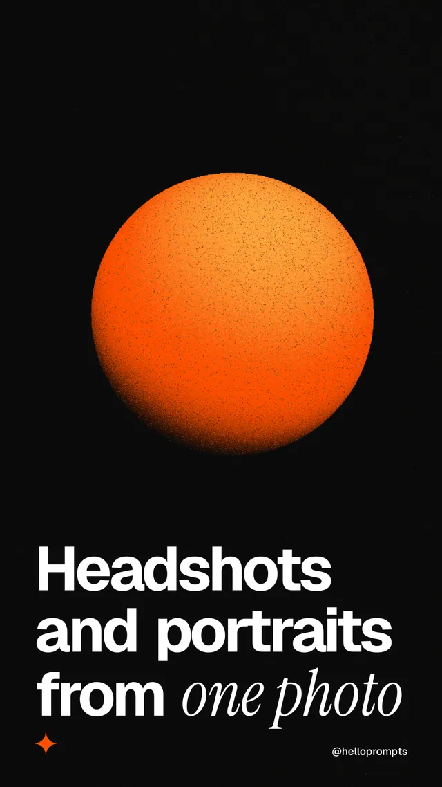 Instagram story for HelloPrompts: "Headshots and portraits from one photo". Auto 9x16 style, technique:shader field layout, dark palette in black, brown.