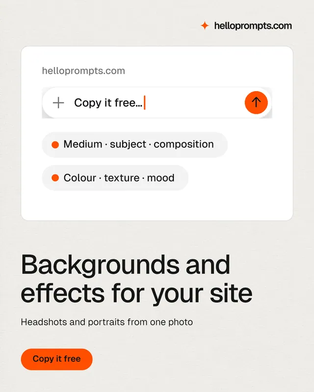 Instagram portrait post for HelloPrompts: "Backgrounds and effects for your site". Data card style, bottom layout, light palette in white, grey.