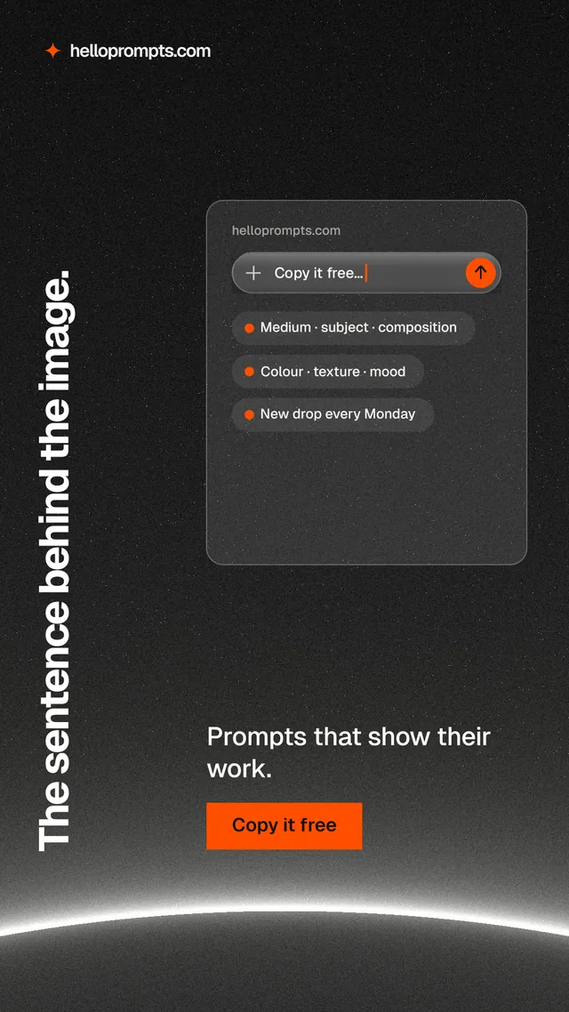 Instagram story for HelloPrompts: "The sentence behind the image." Swiss style, vertical layout, dark palette in black, grey.