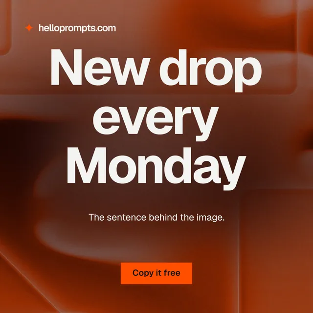 Instagram post for HelloPrompts: "New drop every Monday". Swiss style, centred layout, dark palette in orange, red.