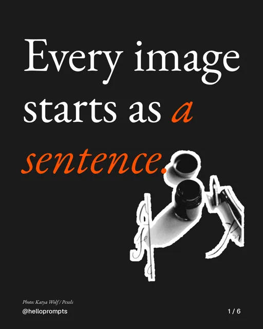 Carousel for HelloPrompts: "Every image starts as a sentence.". Cutout essay, 6 slides, dark palette.