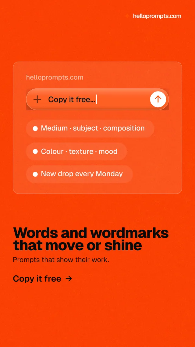Instagram story for HelloPrompts: "Words and wordmarks that move or shine". Turn card style, bottom layout, dark palette in red.