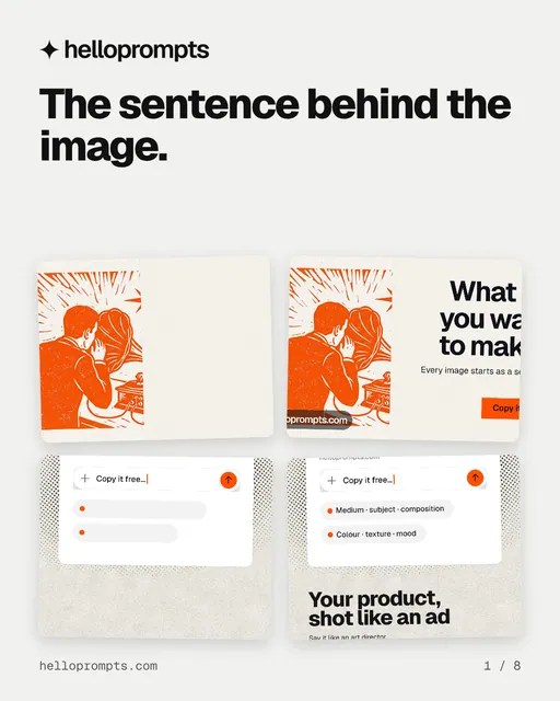 Carousel for HelloPrompts: "The sentence behind the image.". Collection carousel, 8 slides, light palette.