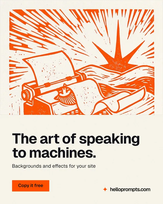 Instagram portrait post for HelloPrompts: "The art of speaking to machines." Swiss style, bottom layout, light palette in white, orange.