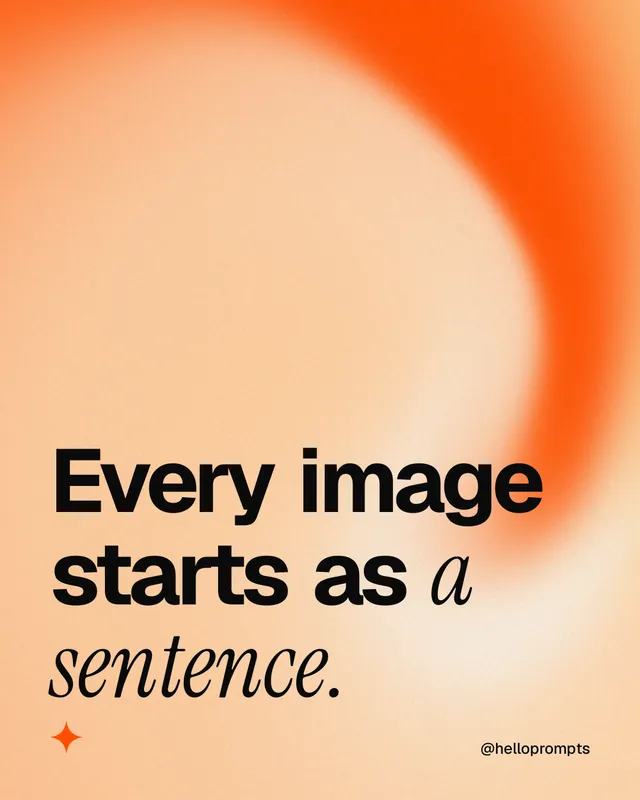 Instagram portrait post for HelloPrompts: "Every image starts as a sentence." Auto 4x5 style, technique:shader field layout, light palette in orange.