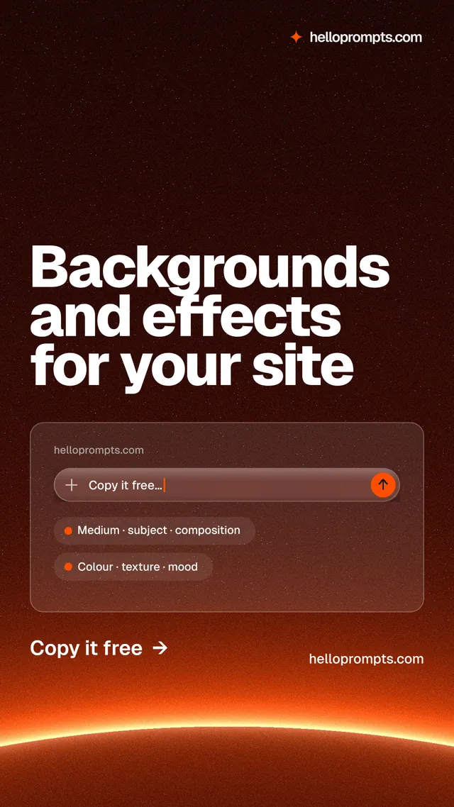 Instagram story for HelloPrompts: "Backgrounds and effects for your site". Turn card style, poster layout, dark palette in red, black, orange.