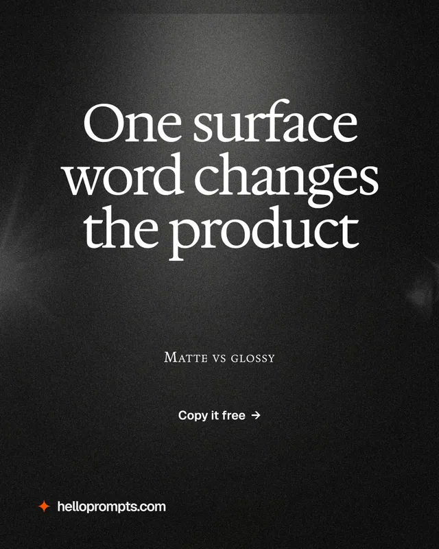 Instagram portrait post for HelloPrompts: "One surface word changes the product". Dark deco style, smallcaps layout, dark palette in black, grey.