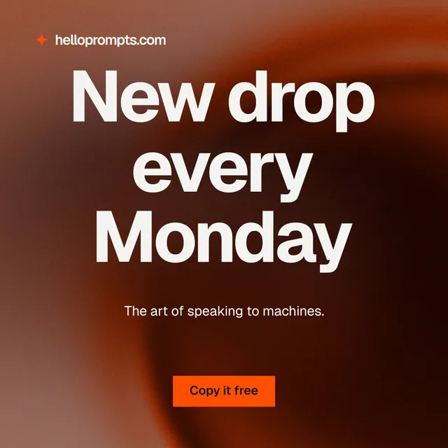 Instagram post for HelloPrompts: "New drop every Monday". Swiss style, centred layout, dark palette in black, red, orange.