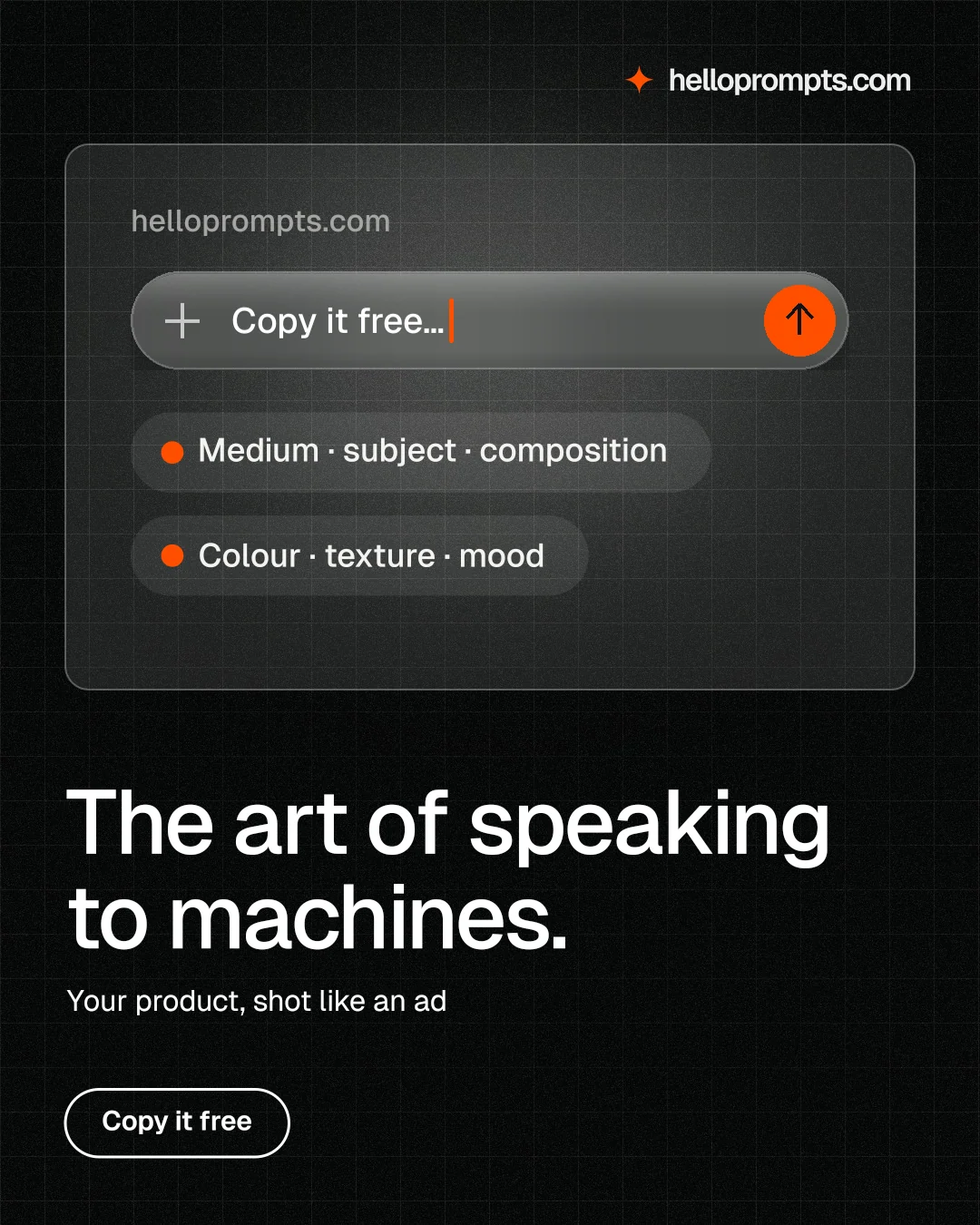 Instagram portrait post for HelloPrompts: "The art of speaking to machines." Phosphor atlas style, bottom layout, dark palette in black, grey.