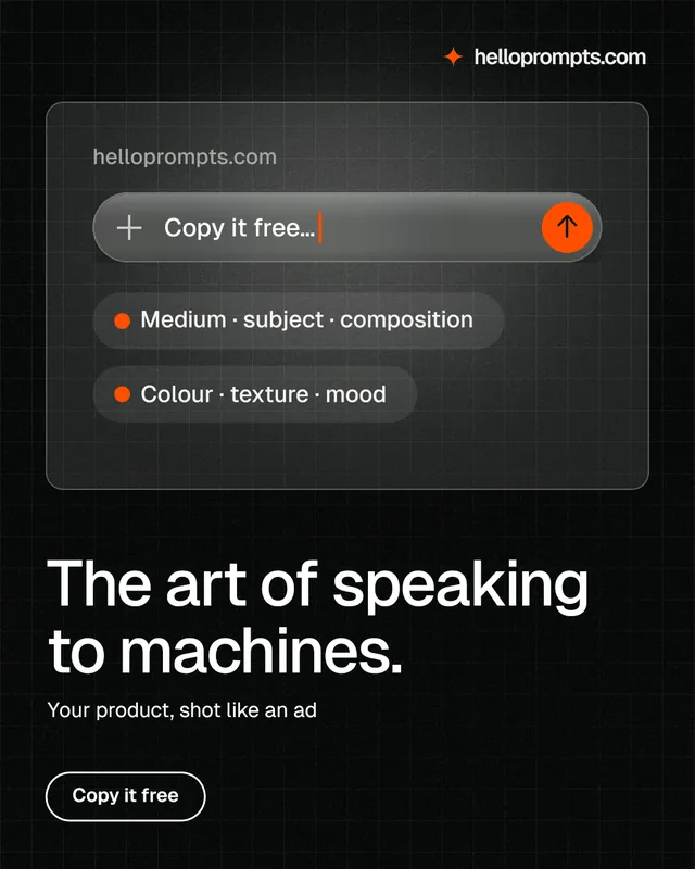Instagram portrait post for HelloPrompts: "The art of speaking to machines." Phosphor atlas style, bottom layout, dark palette in black, grey.