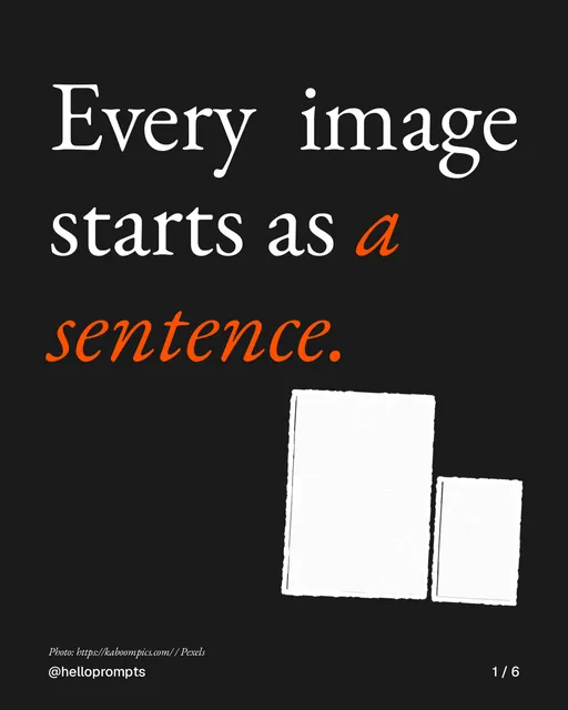 Carousel for HelloPrompts: "Every image starts as a sentence.". Cutout essay, 6 slides, dark palette.