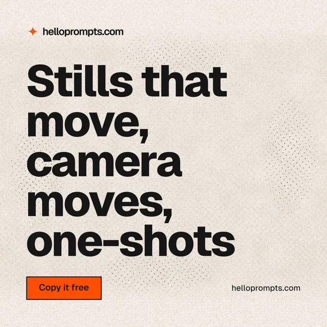Instagram post for HelloPrompts: "Stills that move, camera moves, one-shots". Ink sticker style, poster layout, light palette in orange, grey.