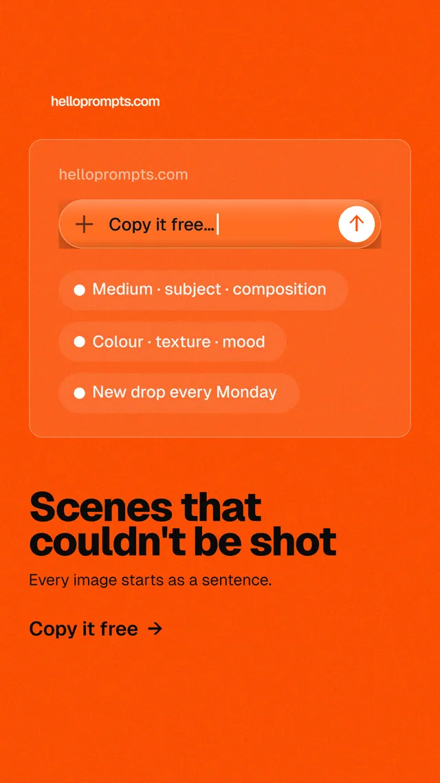 Instagram story for HelloPrompts: "Scenes that couldn't be shot". Turn card style, bottom layout, light palette in orange.