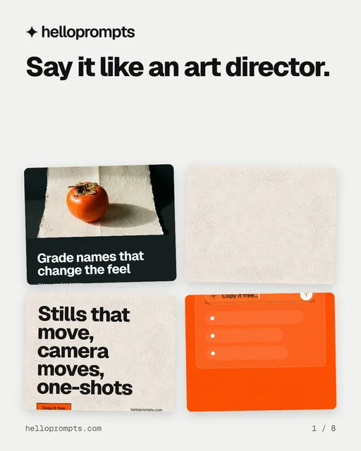 Carousel for HelloPrompts: "Say it like an art director.". Collection carousel, 8 slides, light palette.