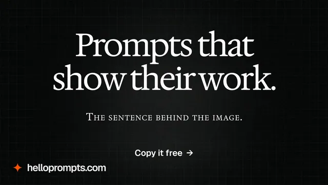 Landscape graphic for HelloPrompts: "Prompts that show their work." Phosphor atlas style, smallcaps layout, dark palette in black, grey.