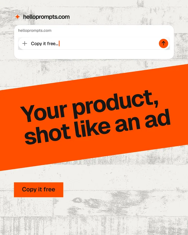 Instagram portrait post for HelloPrompts: "Your product, shot like an ad". Swiss style, diagonal layout, light palette in white, orange.