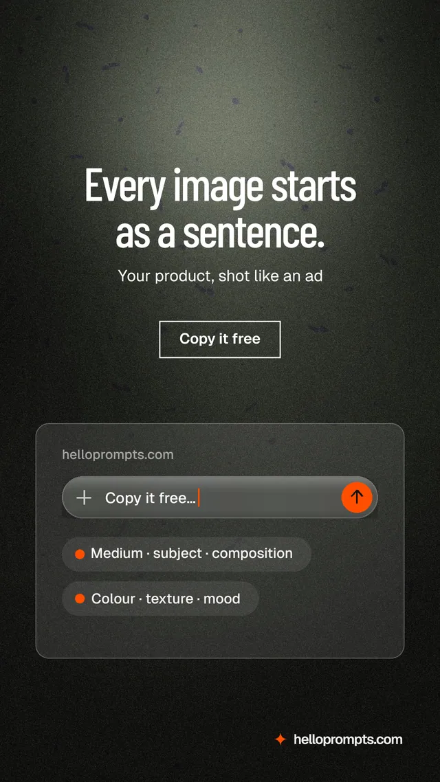 Instagram story for HelloPrompts: "Every image starts as a sentence." Dark deco style, centred layout, dark palette in black, grey.