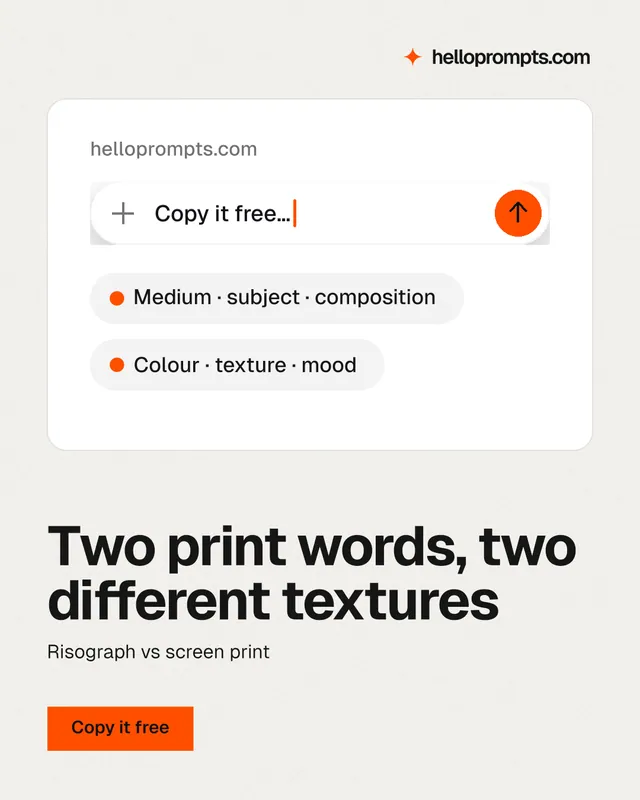 Instagram portrait post for HelloPrompts: "Two print words, two different textures". Swiss style, bottom layout, light palette in white, grey.