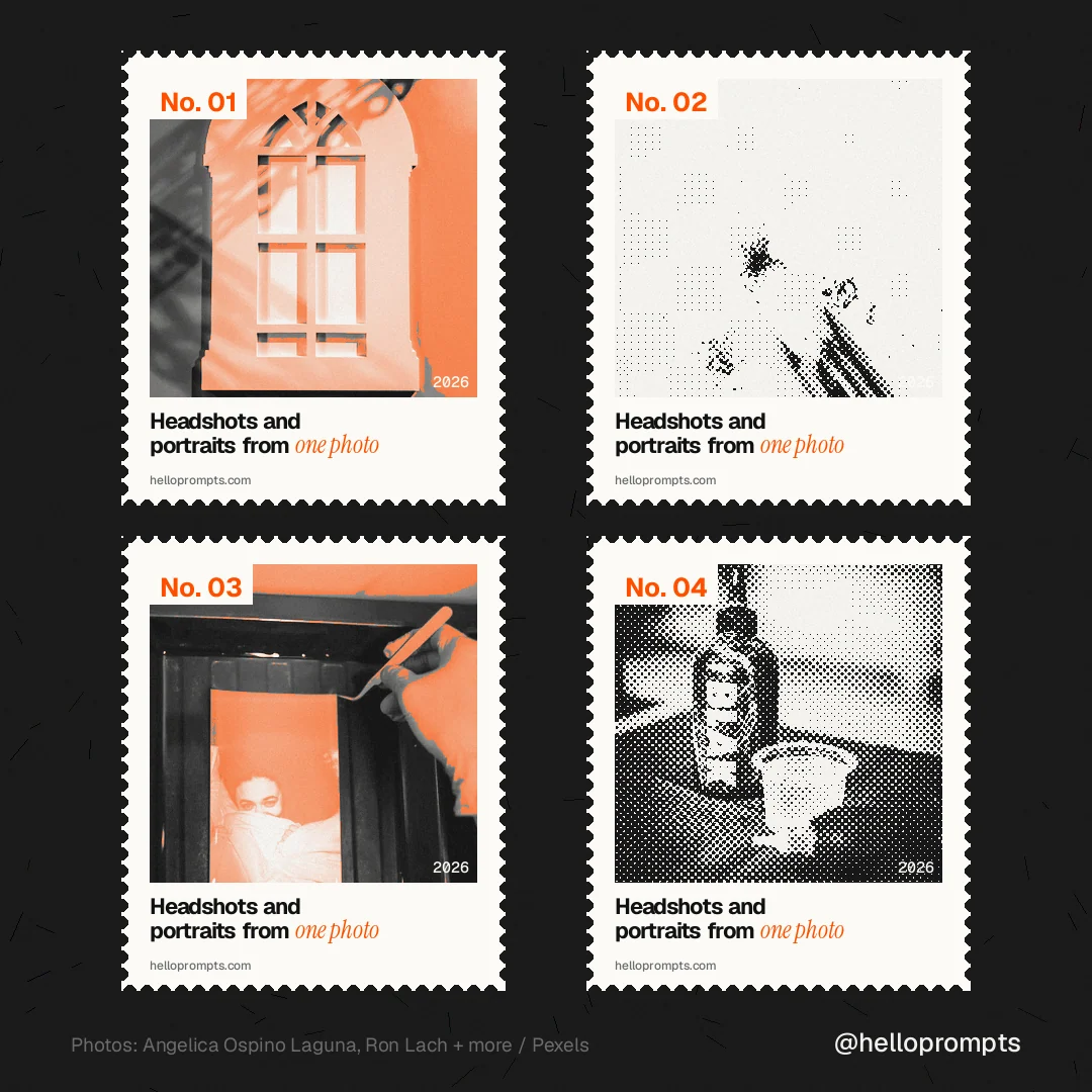 Instagram post for HelloPrompts: "Headshots and portraits from one photo". Sheet style, technique:stamp series layout, light palette in black, white, orange.