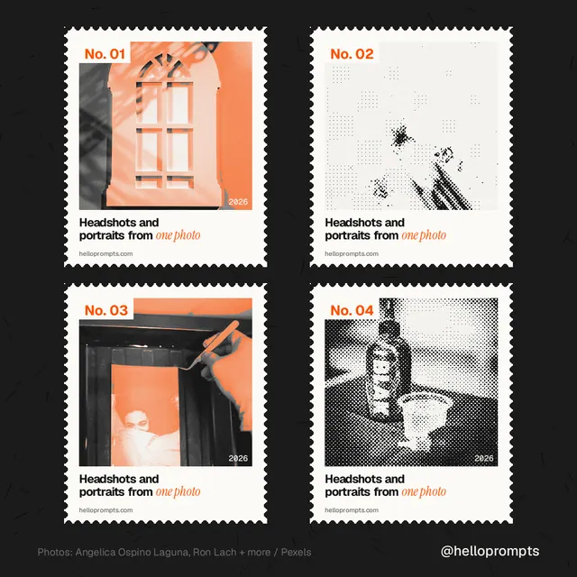 Instagram post for HelloPrompts: "Headshots and portraits from one photo". Sheet style, technique:stamp series layout, light palette in black, white, orange.