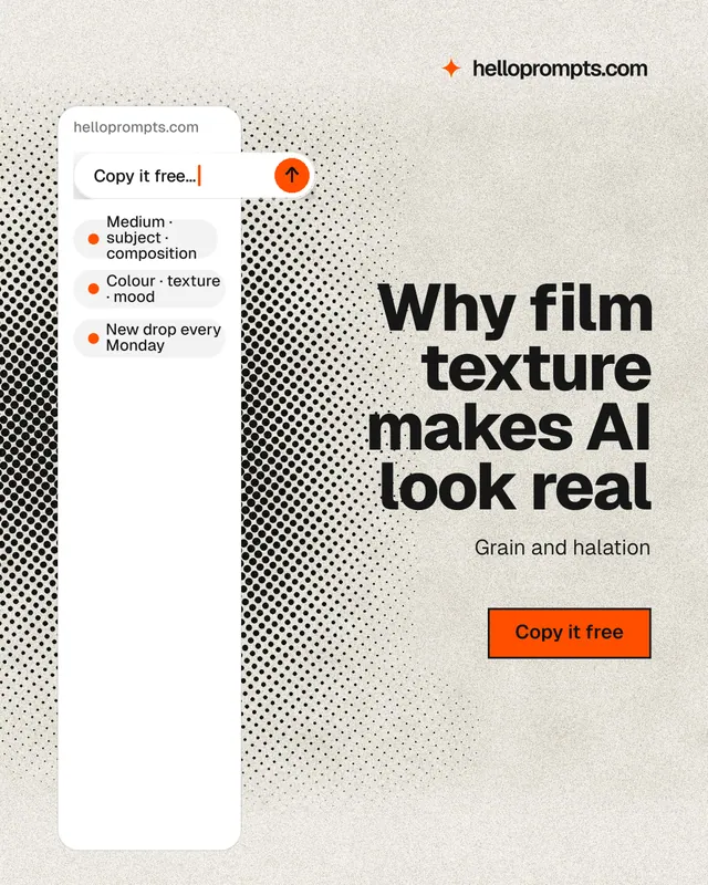 Instagram portrait post for HelloPrompts: "Why film texture makes AI look real". Ink sticker style, right layout, light palette in yellow, white, grey.