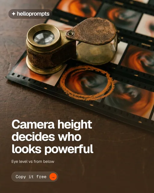 Video for HelloPrompts: "Camera height decides who looks powerful". Doc motion loop, 7.0 s, dark palette.