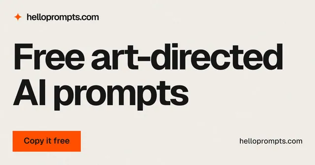 Social ad for HelloPrompts: "Free art-directed AI prompts". Swiss style, poster layout, light palette in white, grey, yellow.