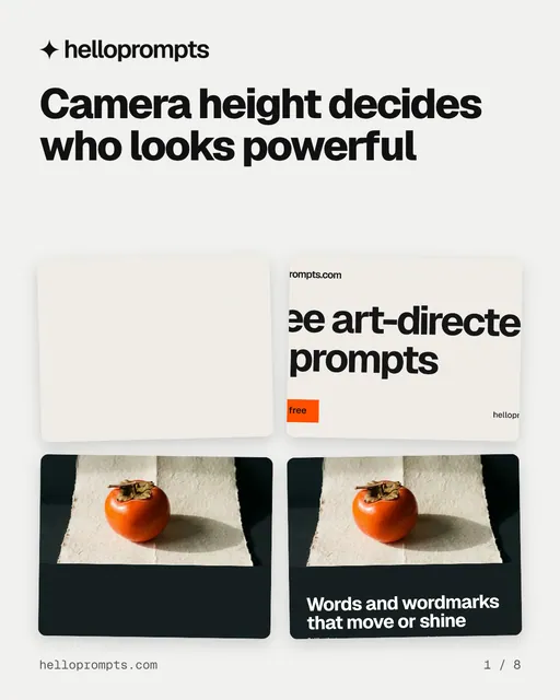 Carousel for HelloPrompts: "Camera height decides who looks powerful". Collection carousel, 8 slides, light palette.