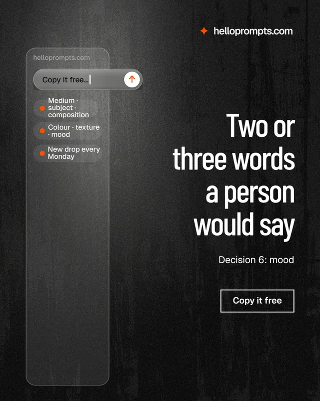Instagram portrait post for HelloPrompts: "Two or three words a person would say". Dark deco style, right layout, dark palette in black, grey.