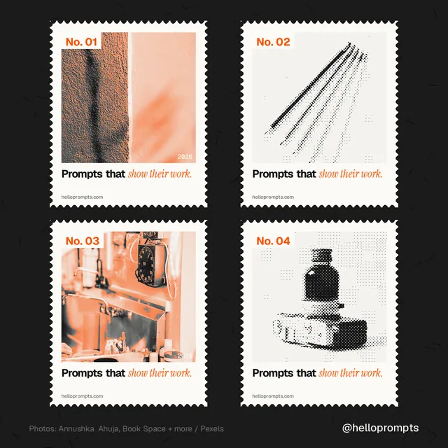 Instagram post for HelloPrompts: "Prompts that show their work." Sheet style, technique:stamp series layout, light palette in black, white, orange.