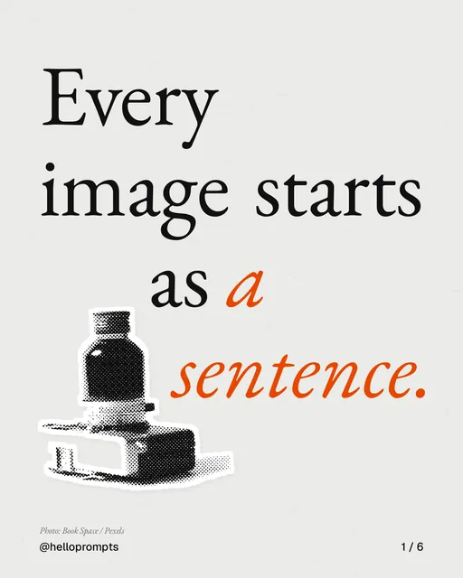 Carousel for HelloPrompts: "Every image starts as a sentence.". Cutout essay, 6 slides, light palette.