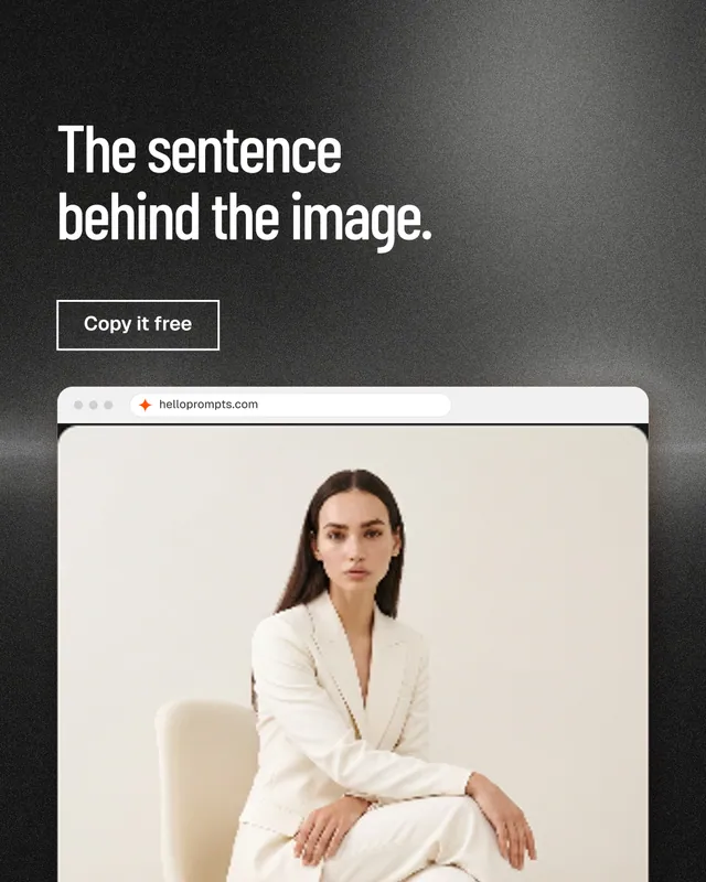 Instagram portrait post for HelloPrompts: "The sentence behind the image." Dark deco style, browser layout, light palette in grey, black, orange.