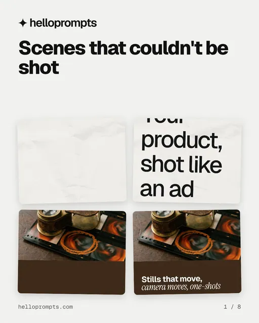 Carousel for HelloPrompts: "Scenes that couldn't be shot". Collection carousel, 8 slides, light palette.