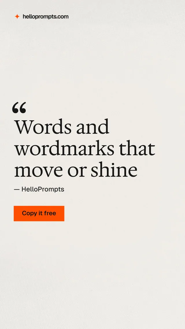 Instagram story for HelloPrompts: "Words and wordmarks that move or shine". Swiss style, quote layout, light palette in yellow, white, orange.