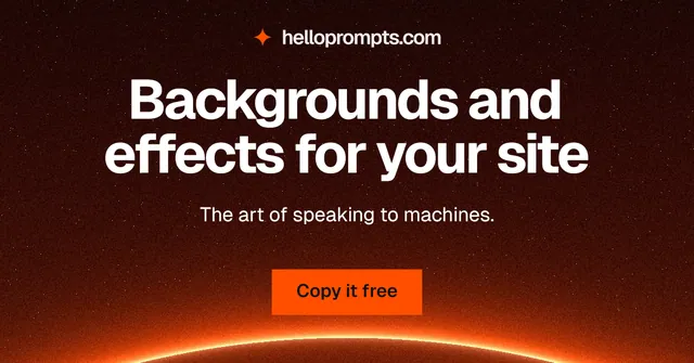 Social ad for HelloPrompts: "Backgrounds and effects for your site". Swiss style, centred layout, dark palette in black, red, orange.