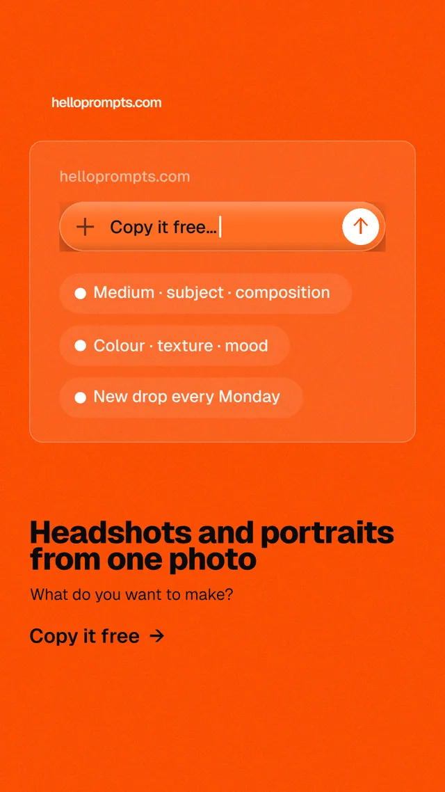 Instagram story for HelloPrompts: "Headshots and portraits from one photo". Turn card style, bottom layout, light palette in orange.