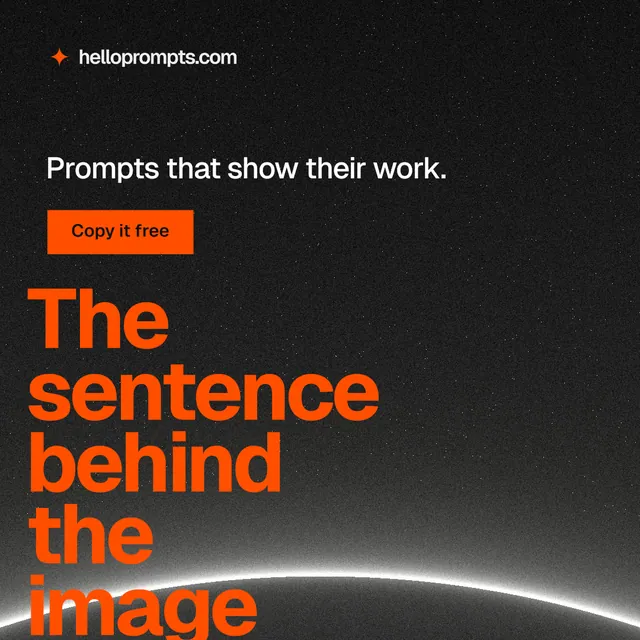 Instagram post for HelloPrompts: "The sentence behind the image." Swiss style, oversized layout, dark palette in black, brown.