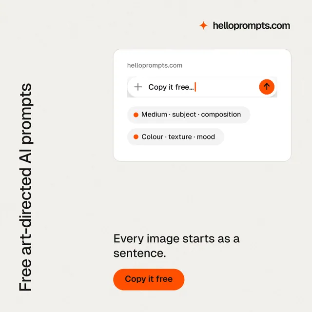Instagram post for HelloPrompts: "Free art-directed AI prompts". Data card style, vertical layout, light palette in white, orange.