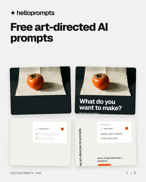 Carousel for HelloPrompts: "Free art-directed AI prompts". Collection carousel, 8 slides, light palette.
