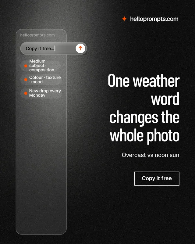 Instagram portrait post for HelloPrompts: "One weather word changes the whole photo". Dark deco style, right layout, dark palette in black, grey.