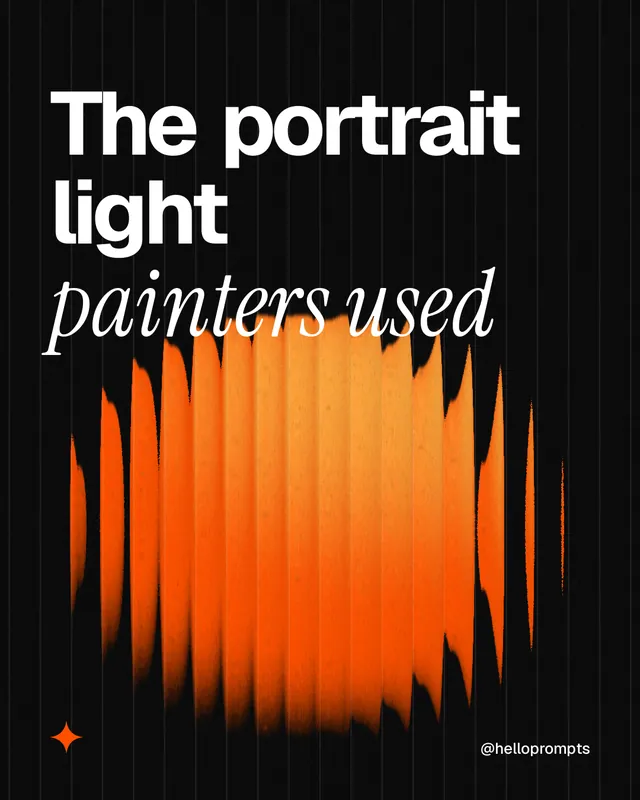 Instagram portrait post for HelloPrompts: "The portrait light painters used". Auto 4x5 style, technique:shader field layout, dark palette in black, orange.