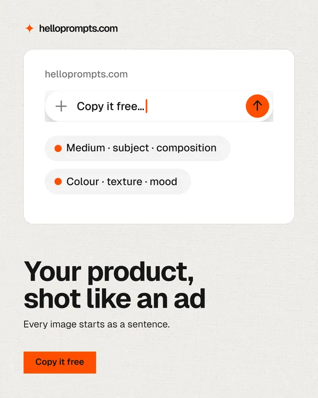 Instagram portrait post for HelloPrompts: "Your product, shot like an ad". Swiss style, bottom layout, light palette in white, orange.