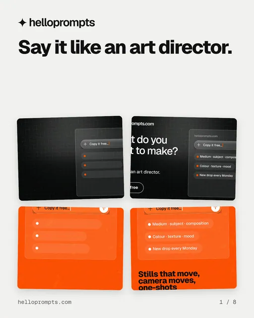 Carousel for HelloPrompts: "Say it like an art director.". Collection carousel, 8 slides, light palette.