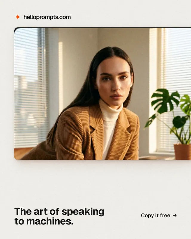 Instagram portrait post for HelloPrompts: "The art of speaking to machines." Swiss style, image led layout, light palette in white, orange, brown.
