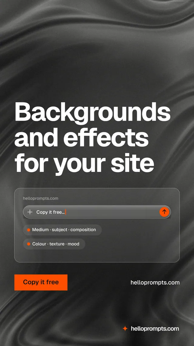 Instagram story for HelloPrompts: "Backgrounds and effects for your site". Swiss style, poster layout, dark palette in black, grey.