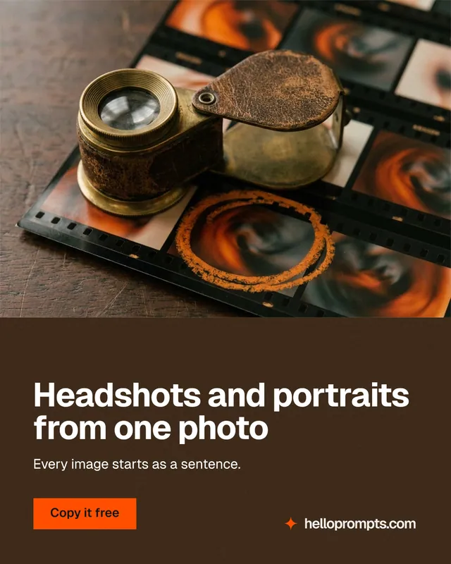 Instagram portrait post for HelloPrompts: "Headshots and portraits from one photo". Swiss style, bottom layout, dark palette in orange, black, grey.